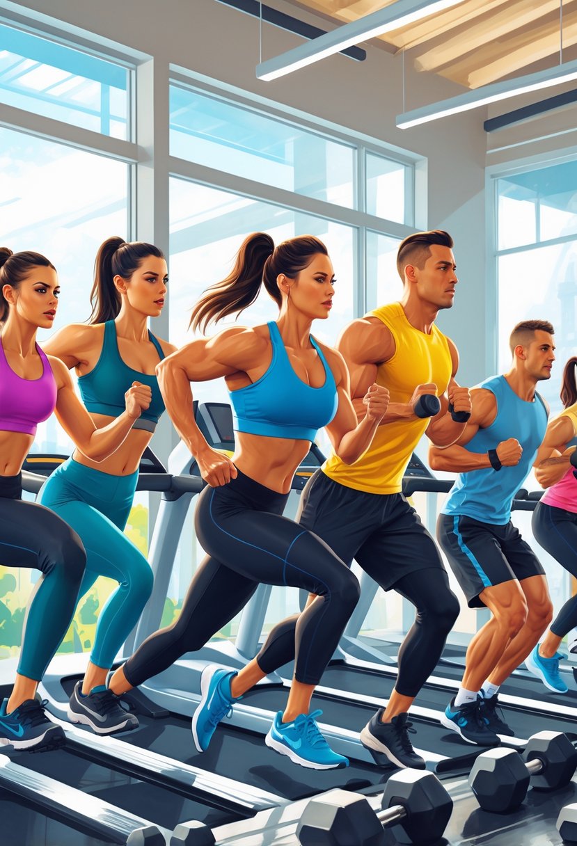 A group of people performing high intensity interval training exercises in a gym, showing effort and movement.