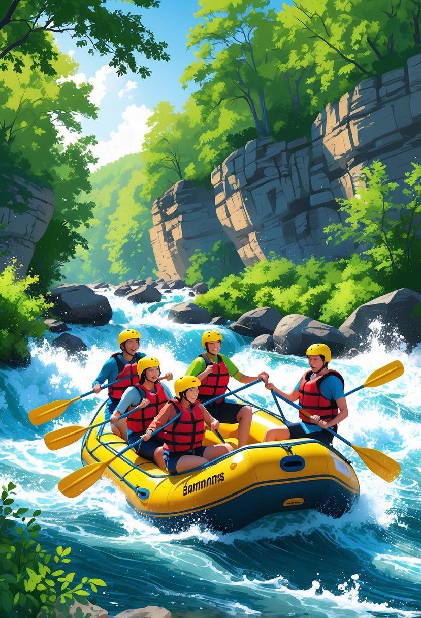 A group of people rafting on a fast river surrounded by green trees and rocky cliffs, paddling through white water rapids.