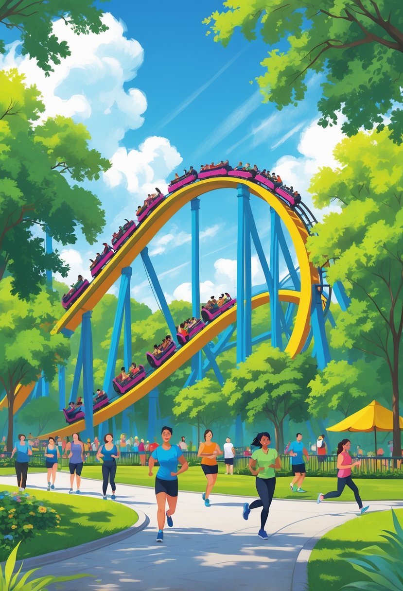 People enjoying a roller coaster ride at a busy amusement park with green trees and visitors walking and exercising nearby.