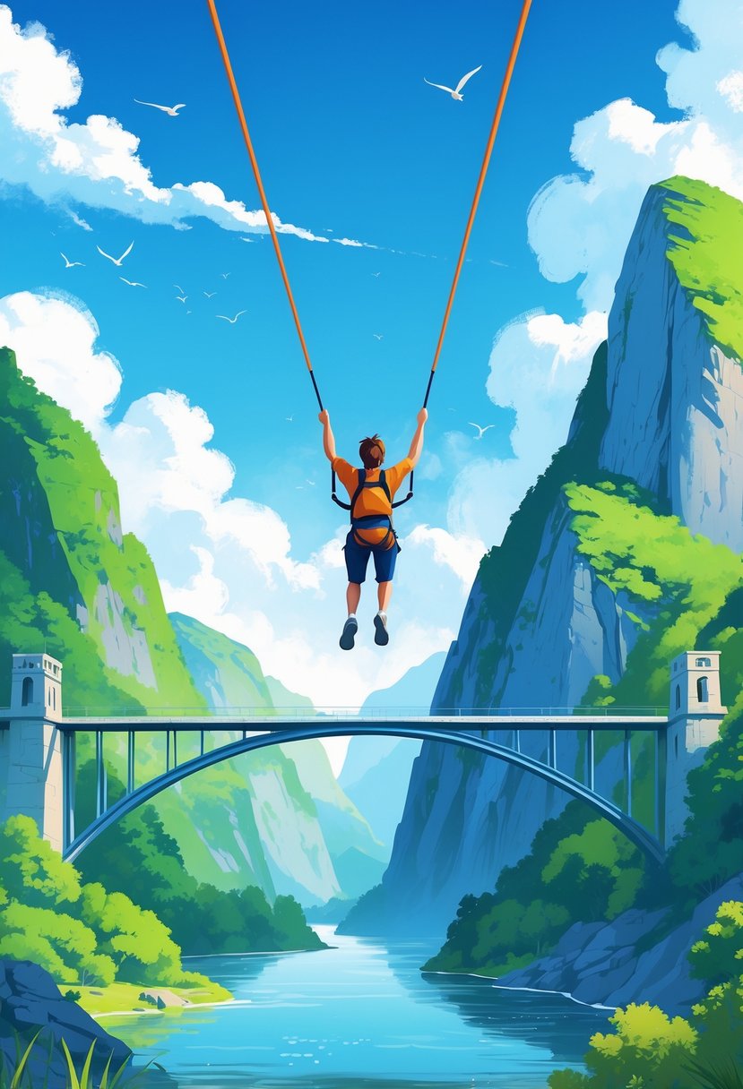 A person bungee jumping from a tall bridge over a river with mountains and a clear sky in the background.