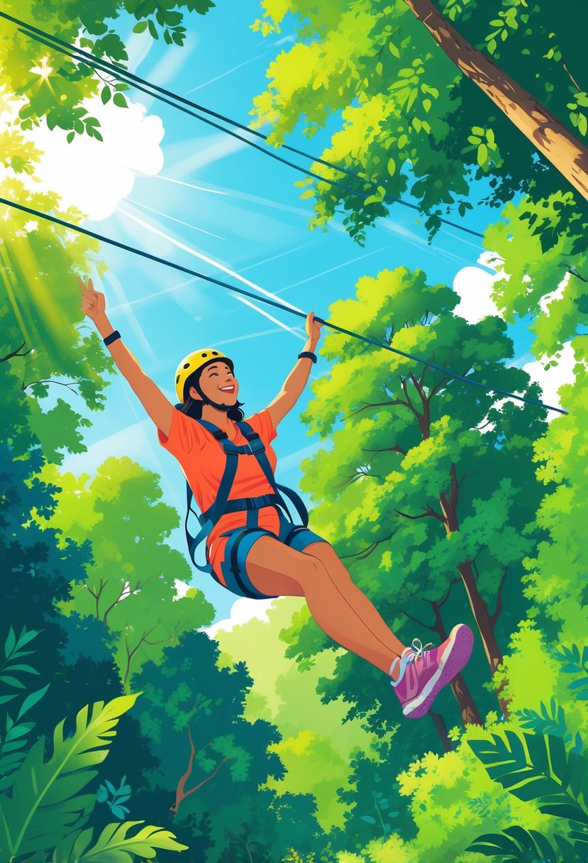 A person wearing safety gear zip lining through a green forest on a sunny day, surrounded by tall trees and blue sky.