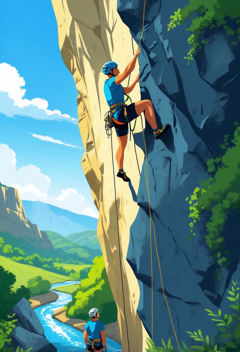 A person rock climbing on a cliff with safety gear while another person belays below, surrounded by mountains and greenery.