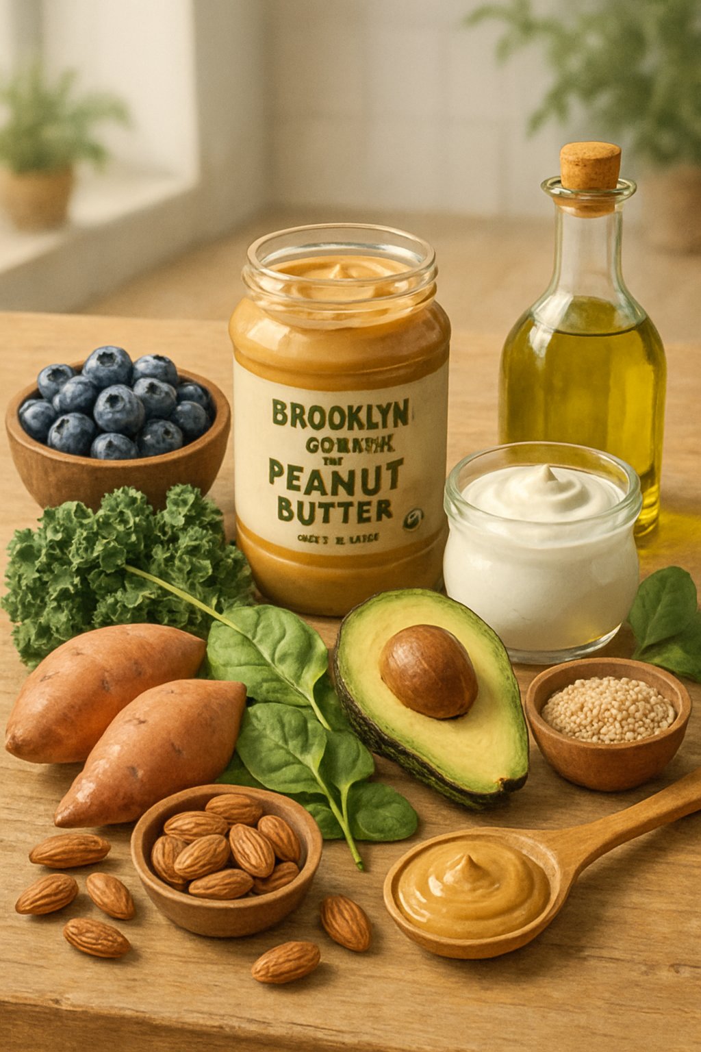A jar of organic peanut butter on a wooden table surrounded by fresh fruits, vegetables, nuts, and other healthy foods.