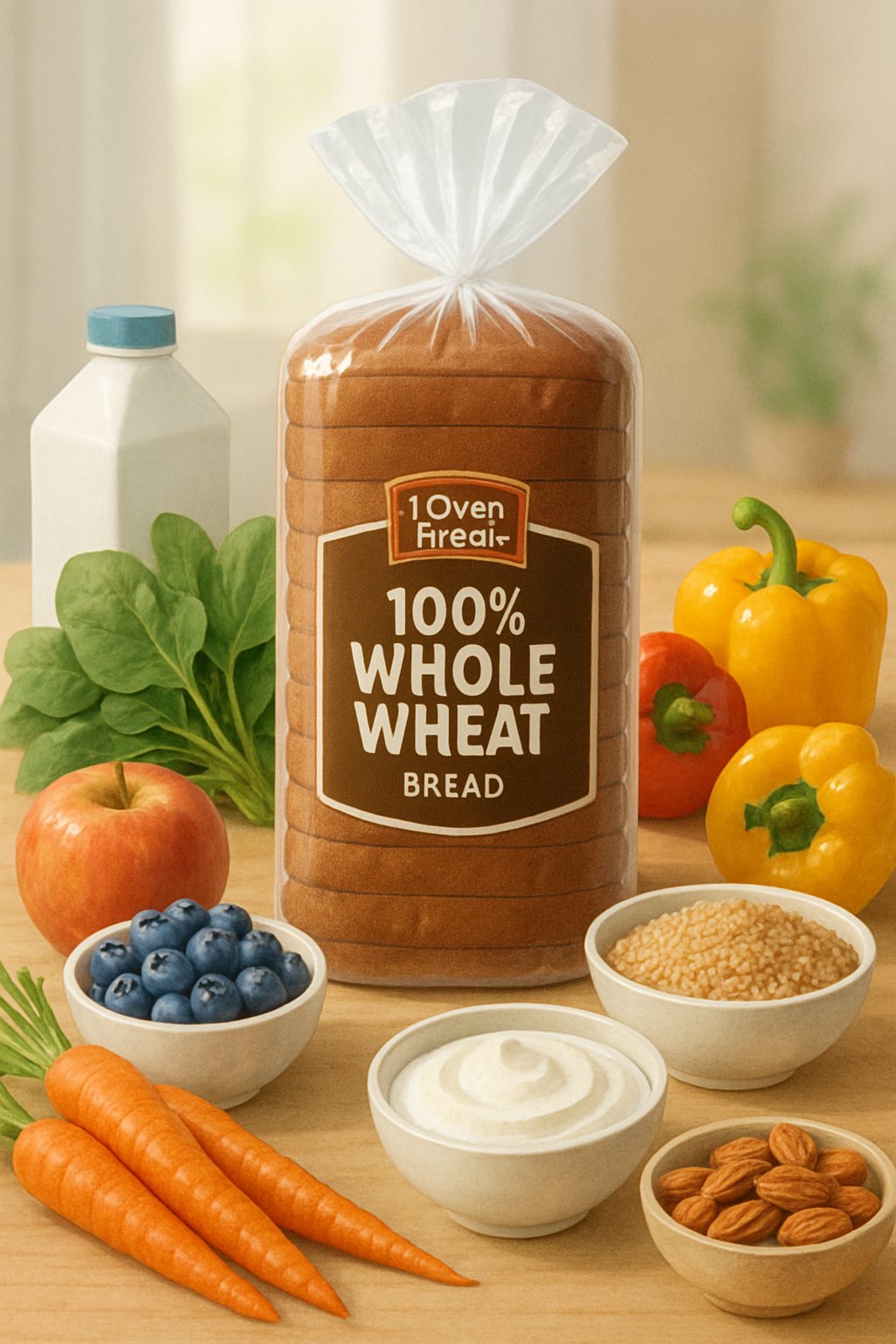 A display of whole wheat bread surrounded by fresh vegetables, fruits, nuts, dairy, and grains arranged on a wooden table.