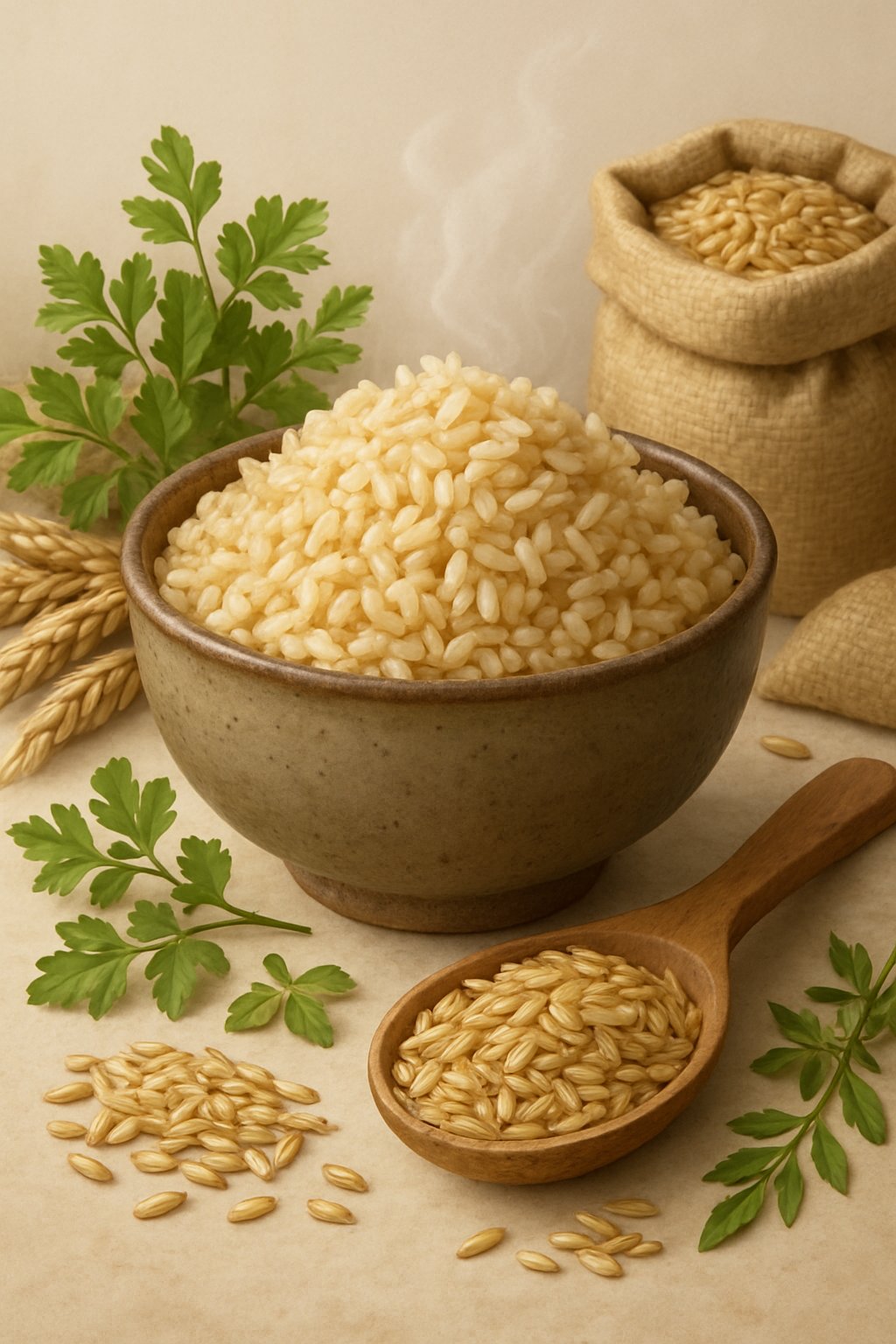 A bowl of cooked brown rice surrounded by fresh grains, herbs, and wooden utensils on a neutral background.
