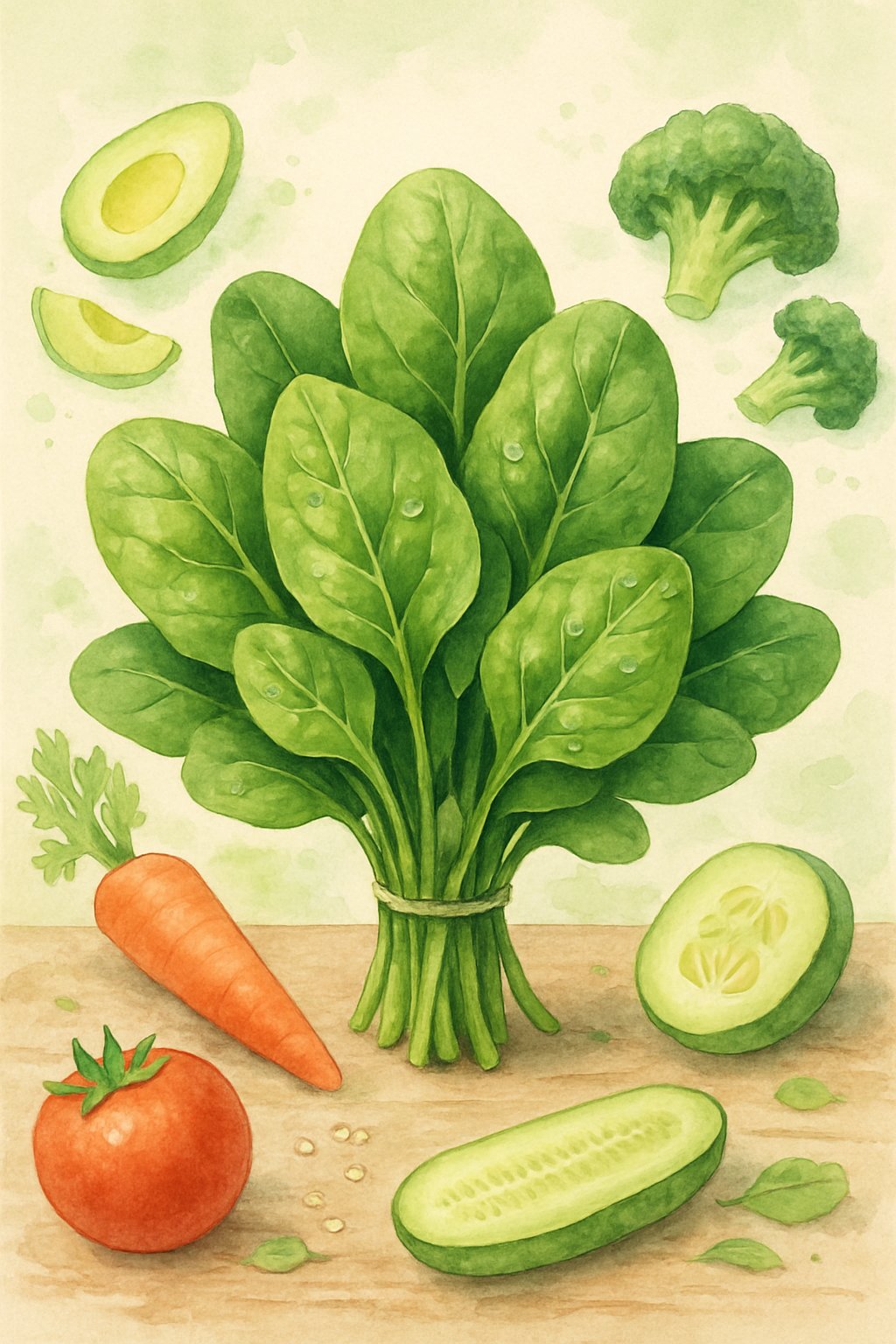 A vibrant illustration of fresh organic spinach leaves arranged on a rustic wooden surface with other healthy foods around them.