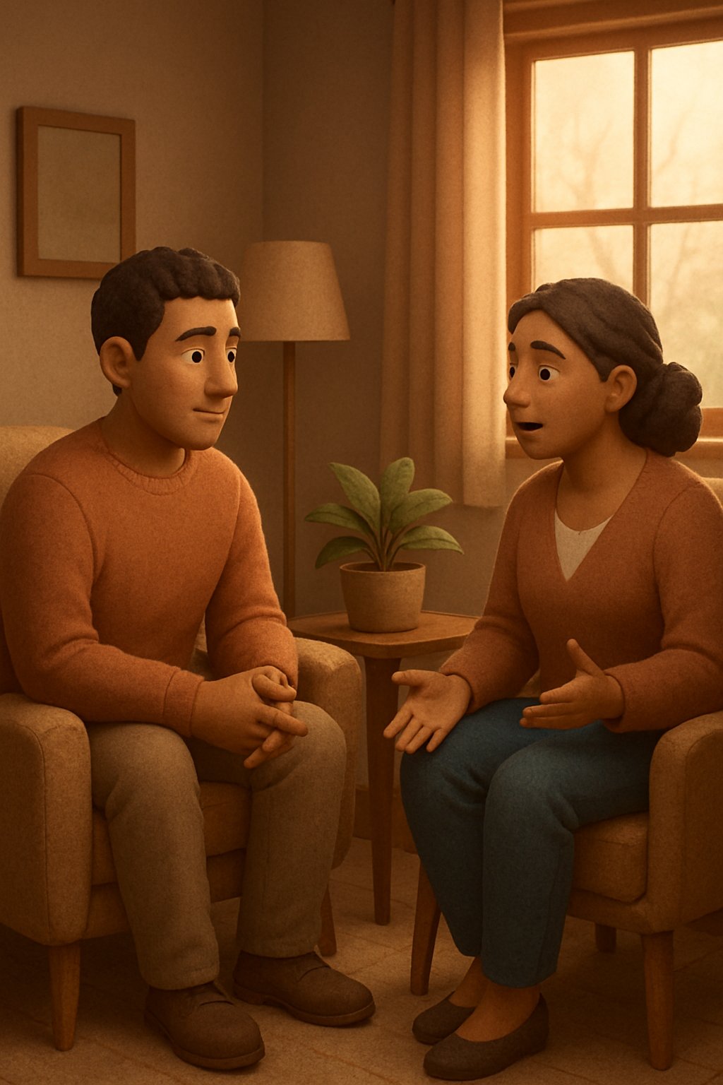 Two people sitting and talking in a cozy room, showing a supportive and trusting conversation.